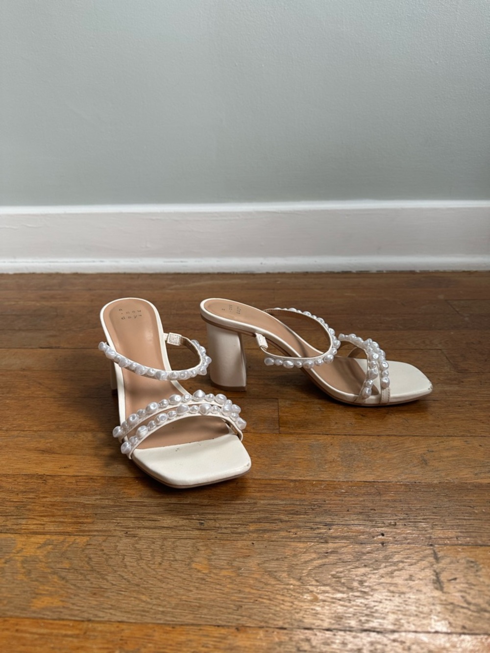 Ivory Pearl-Strap Block Heel Sandals